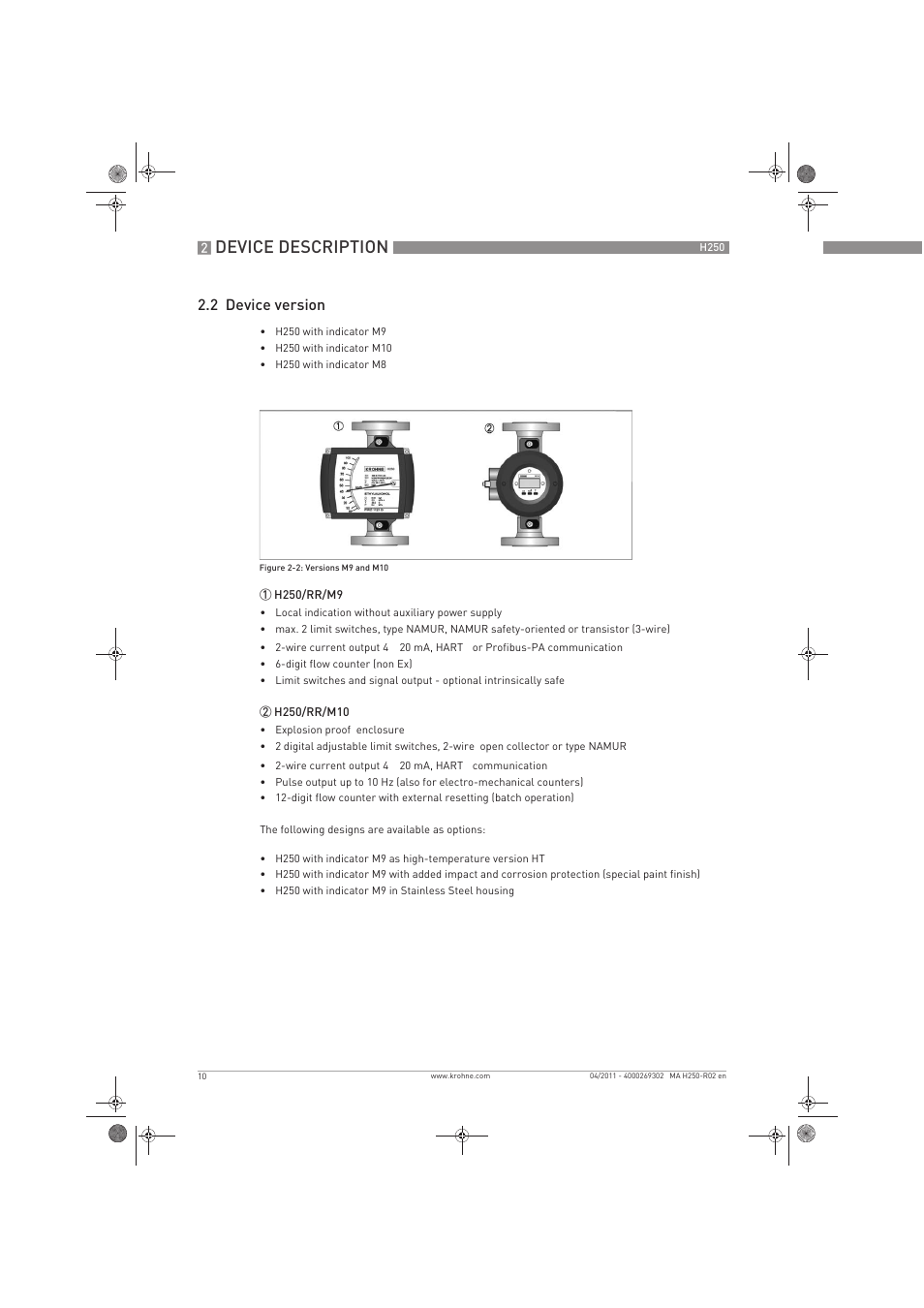 Device description, 2 device version | KROHNE H250 M8-M9-M10 EN User Manual | Page 10 / 88