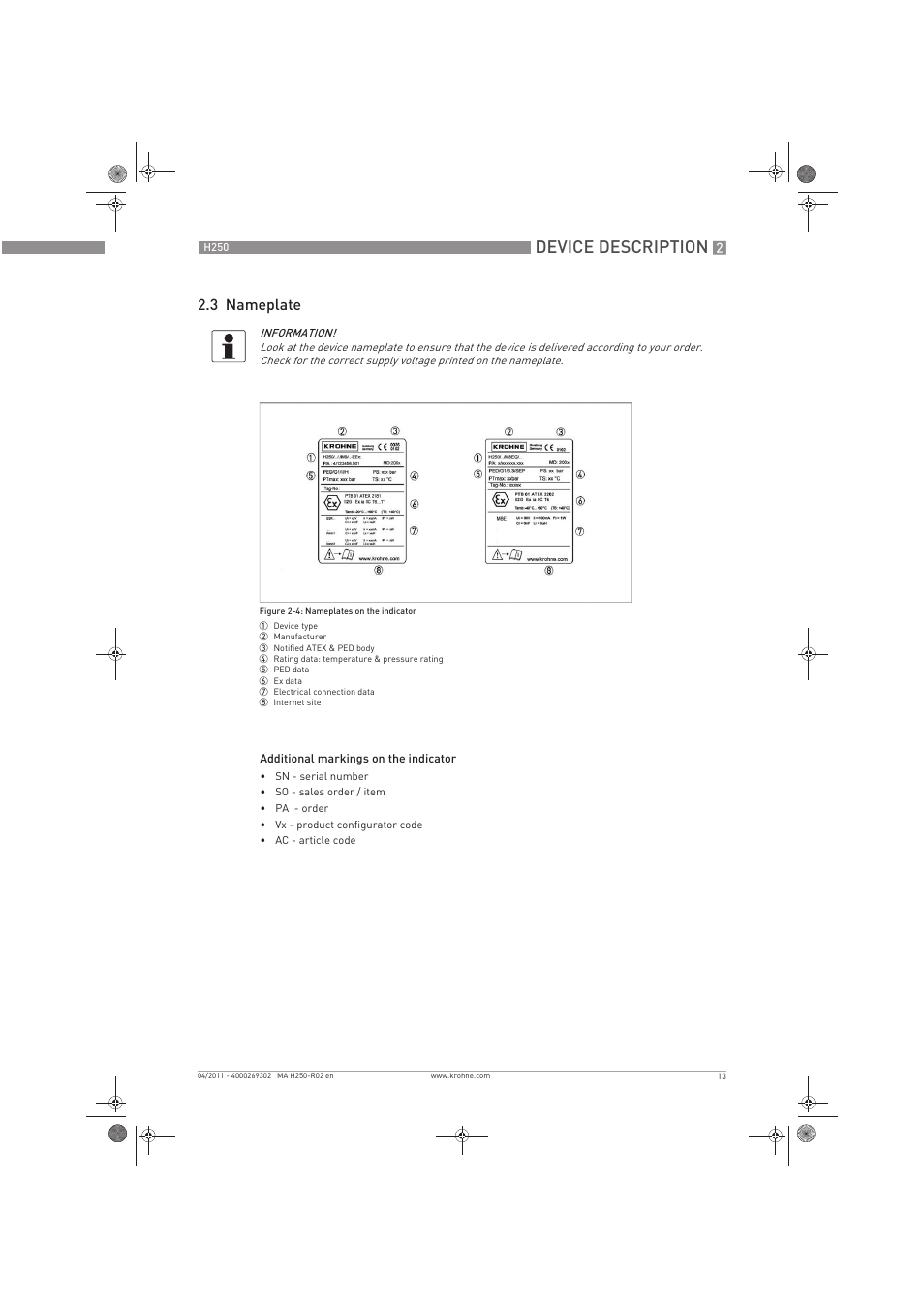 Device description, 3 nameplate | KROHNE H250 M8-M9-M10 EN User Manual | Page 13 / 88