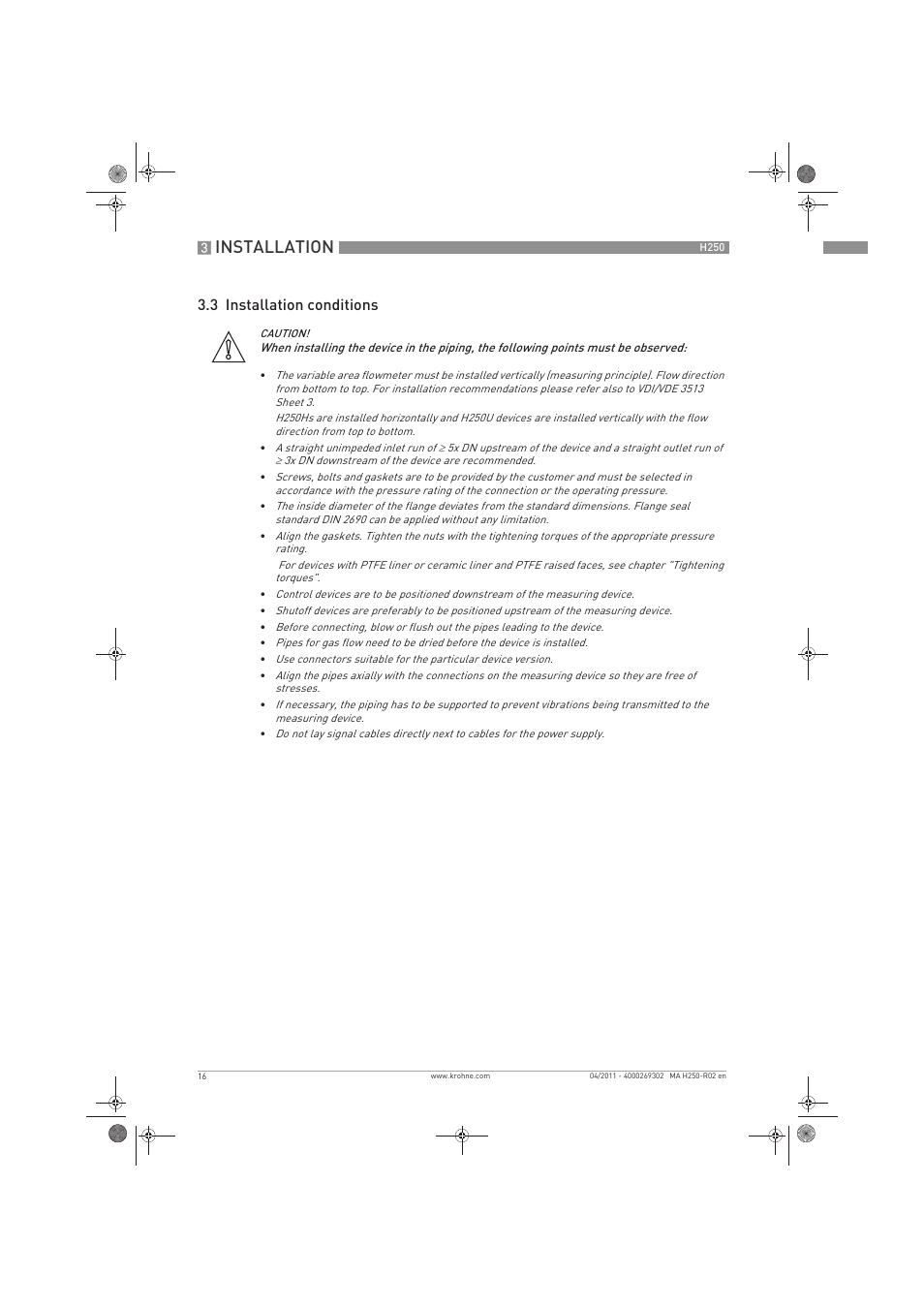 Installation, 3 installation conditions | KROHNE H250 M8-M9-M10 EN User Manual | Page 16 / 88
