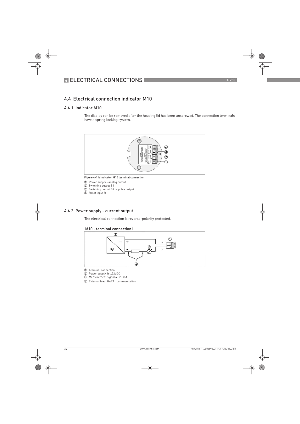 Electrical connections, 4 electrical connection indicator m10 | KROHNE H250 M8-M9-M10 EN User Manual | Page 34 / 88