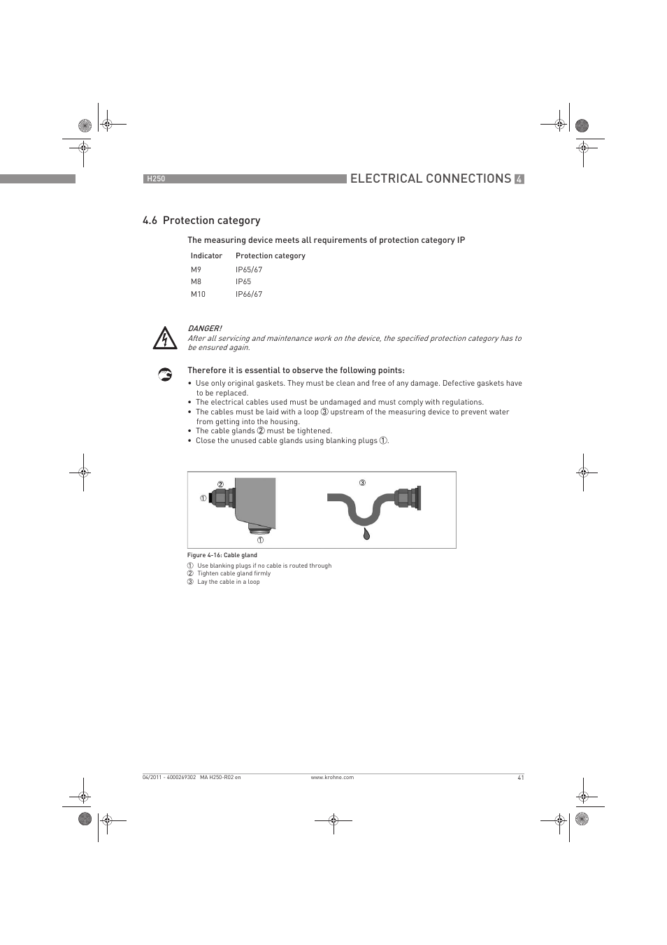 Electrical connections, 6 protection category | KROHNE H250 M8-M9-M10 EN User Manual | Page 41 / 88