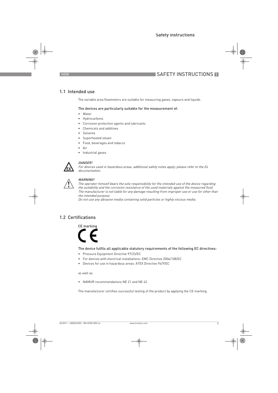 Safety instructions, Safety instructions 1.1 intended use, 2 certifications | KROHNE H250 M8-M9-M10 EN User Manual | Page 5 / 88