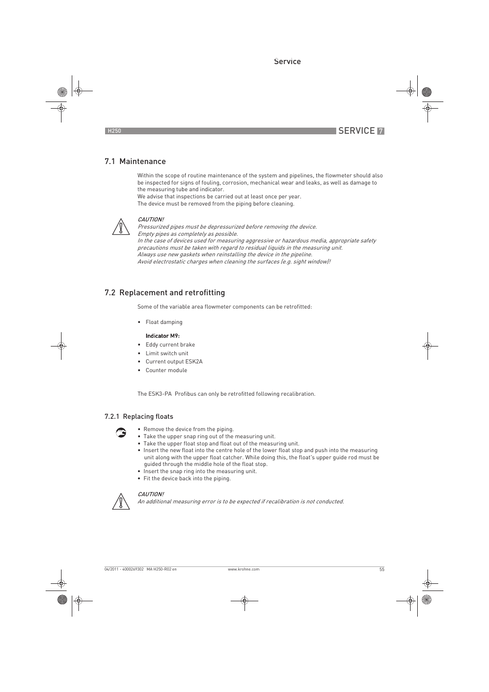 Service, Service 7.1 maintenance, 2 replacement and retrofitting | KROHNE H250 M8-M9-M10 EN User Manual | Page 55 / 88