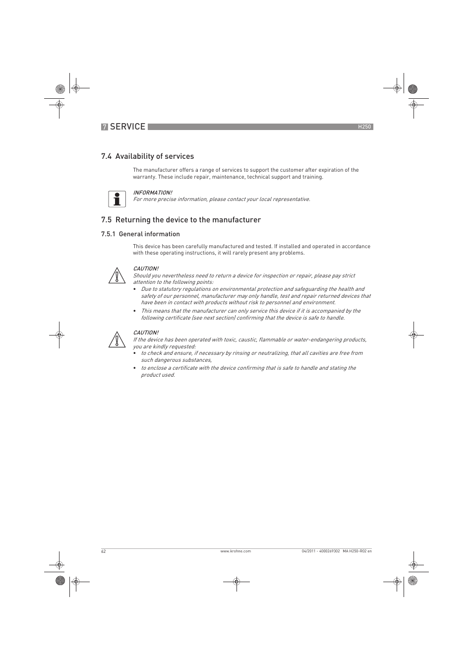 Service, 4 availability of services, 5 returning the device to the manufacturer | KROHNE H250 M8-M9-M10 EN User Manual | Page 62 / 88