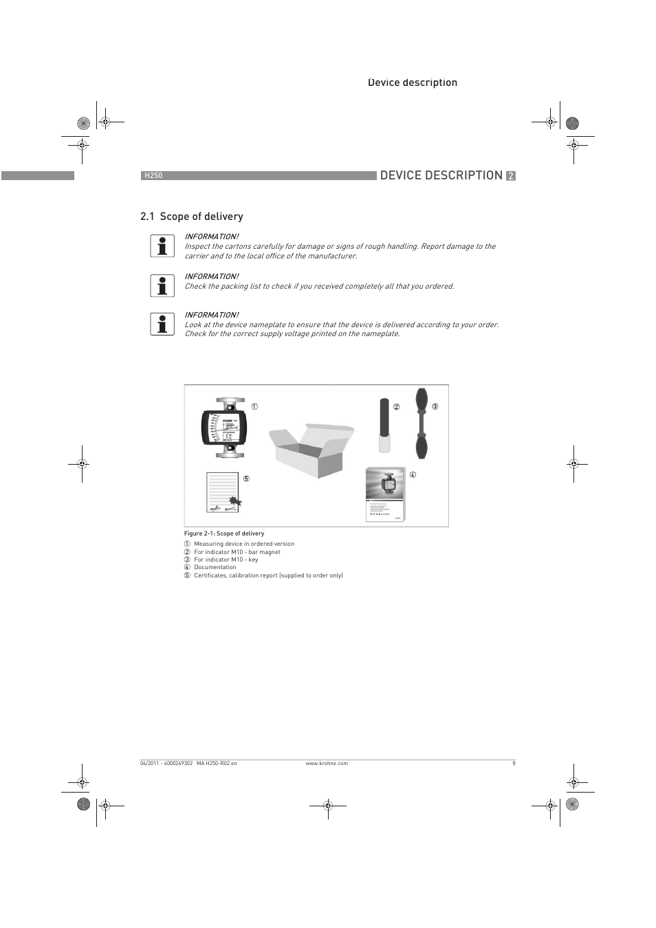 Device description, Device description 2.1 scope of delivery | KROHNE H250 M8-M9-M10 EN User Manual | Page 9 / 88