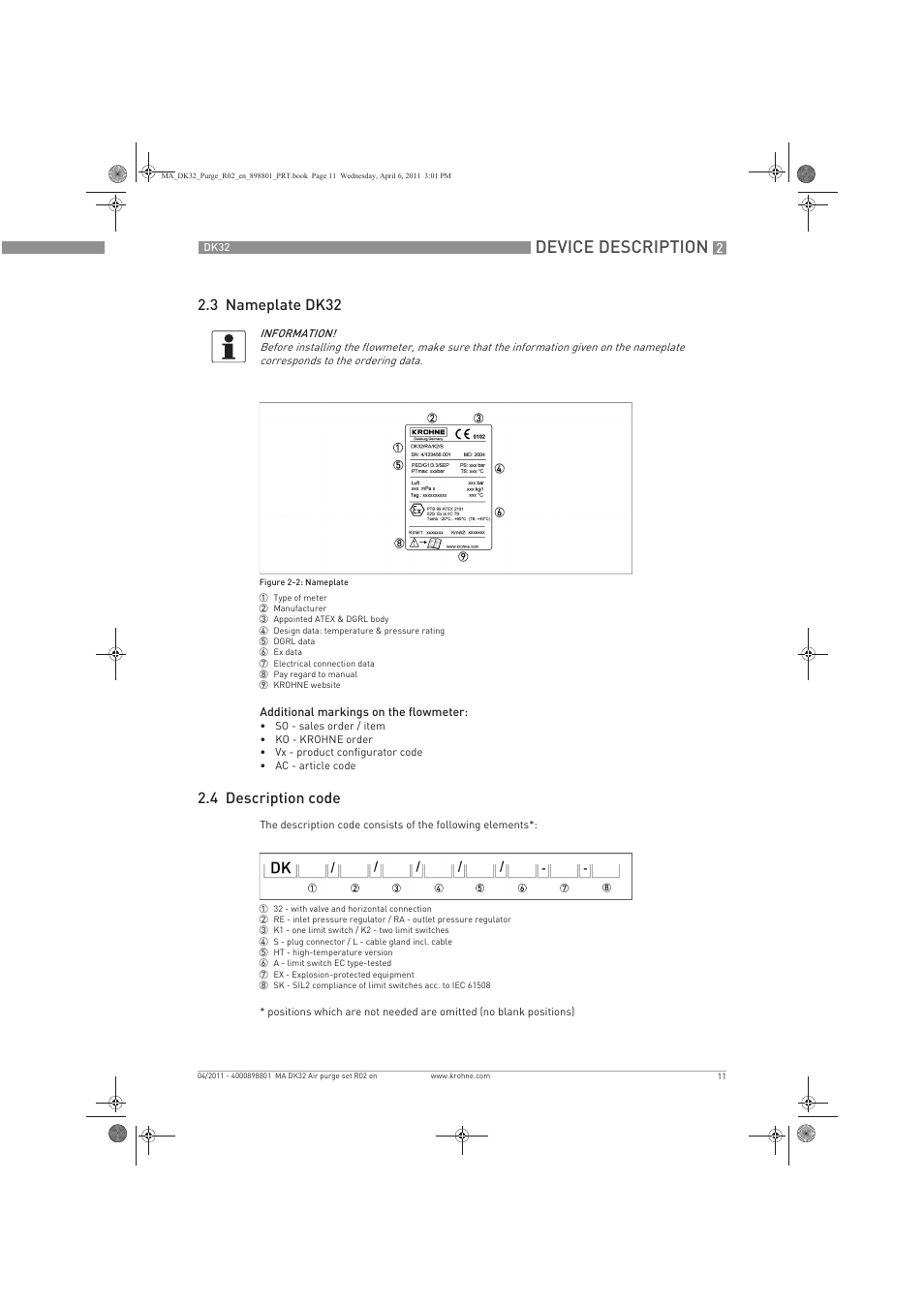 Device description, 3 nameplate dk32, 4 description code | KROHNE DK 32 Purge EN User Manual | Page 11 / 32