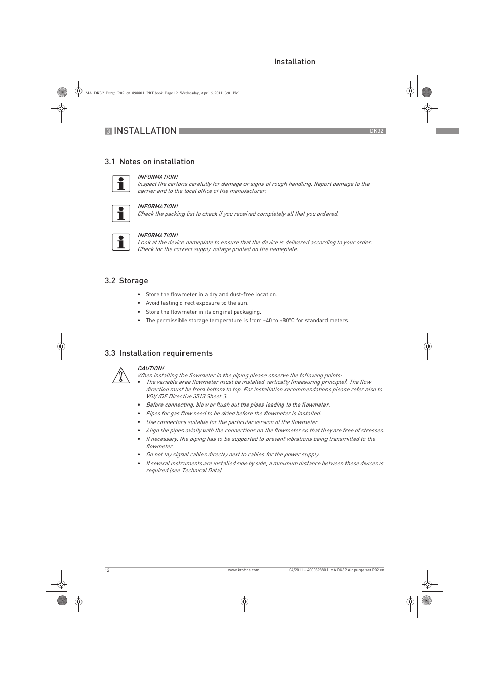 Installation, 3 installation requirements | KROHNE DK 32 Purge EN User Manual | Page 12 / 32