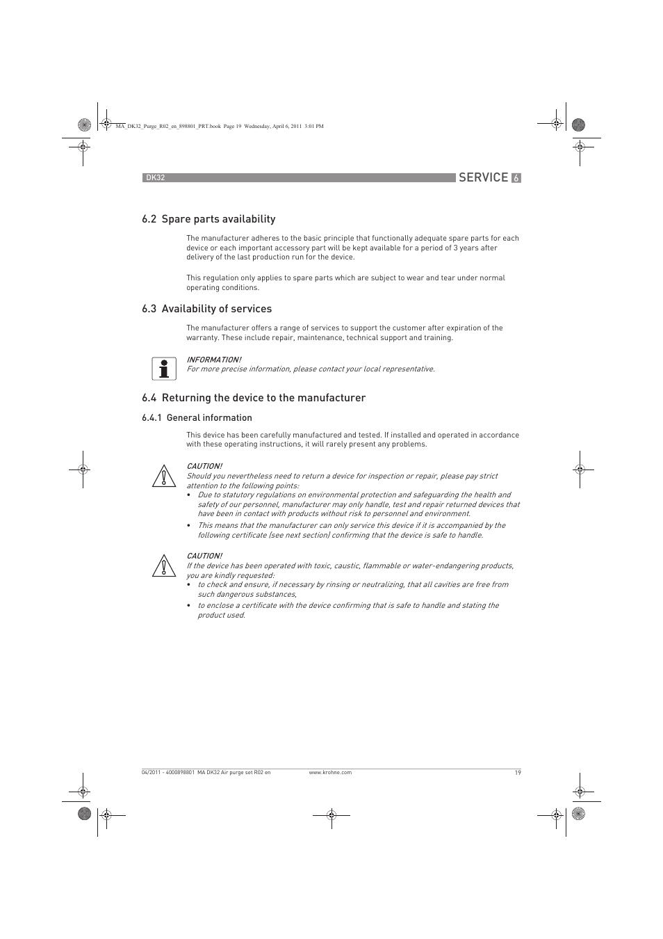 Service, 2 spare parts availability, 3 availability of services | 4 returning the device to the manufacturer | KROHNE DK 32 Purge EN User Manual | Page 19 / 32