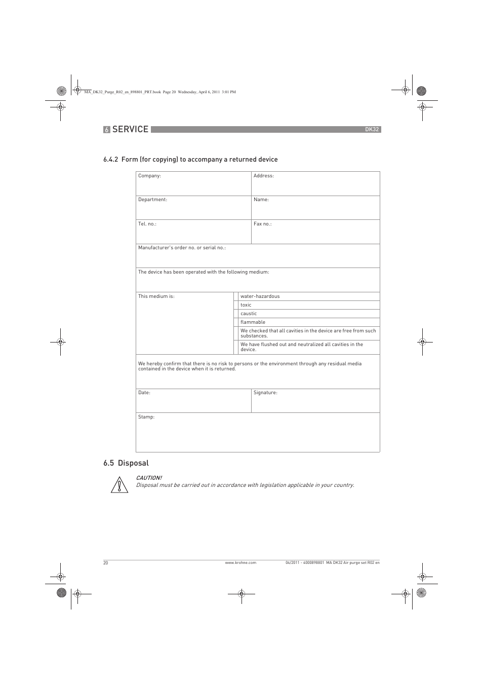 Service, 5 disposal | KROHNE DK 32 Purge EN User Manual | Page 20 / 32