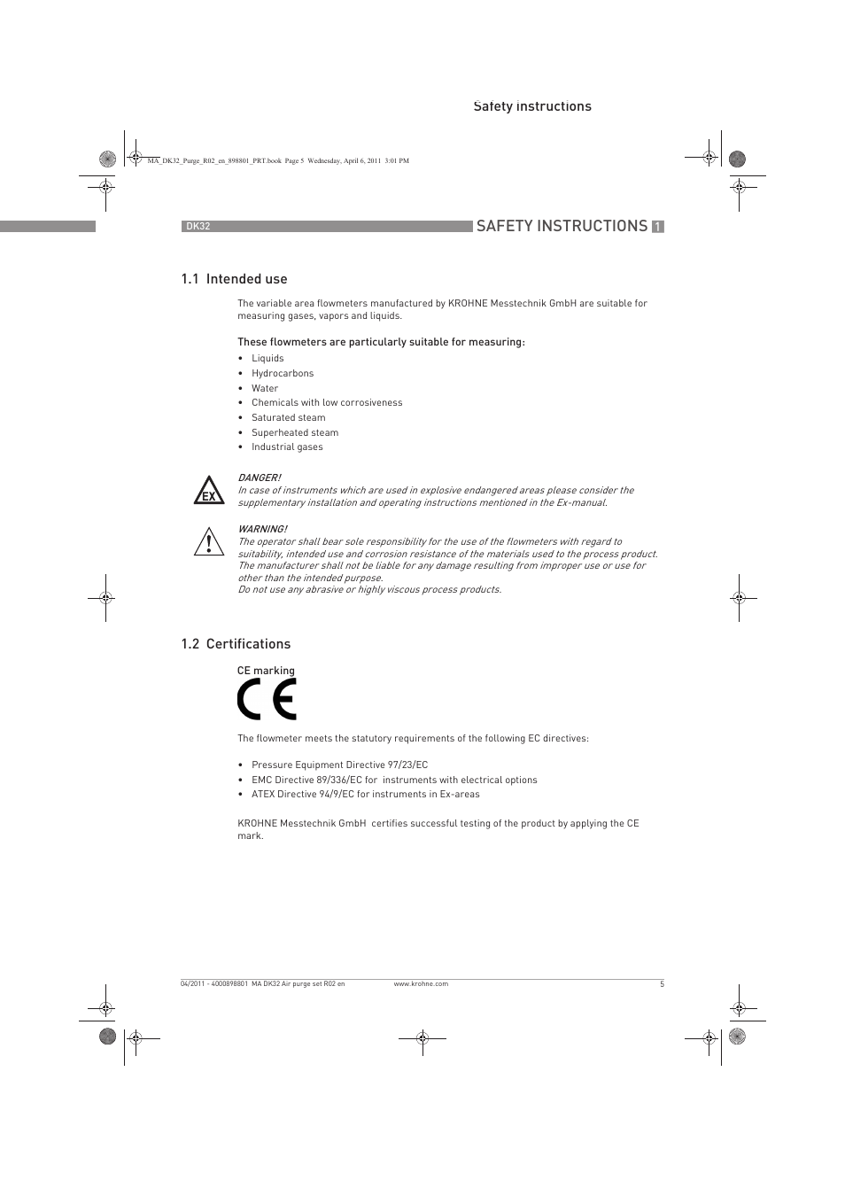 Safety instructions, Safety instructions 1.1 intended use, 2 certifications | KROHNE DK 32 Purge EN User Manual | Page 5 / 32
