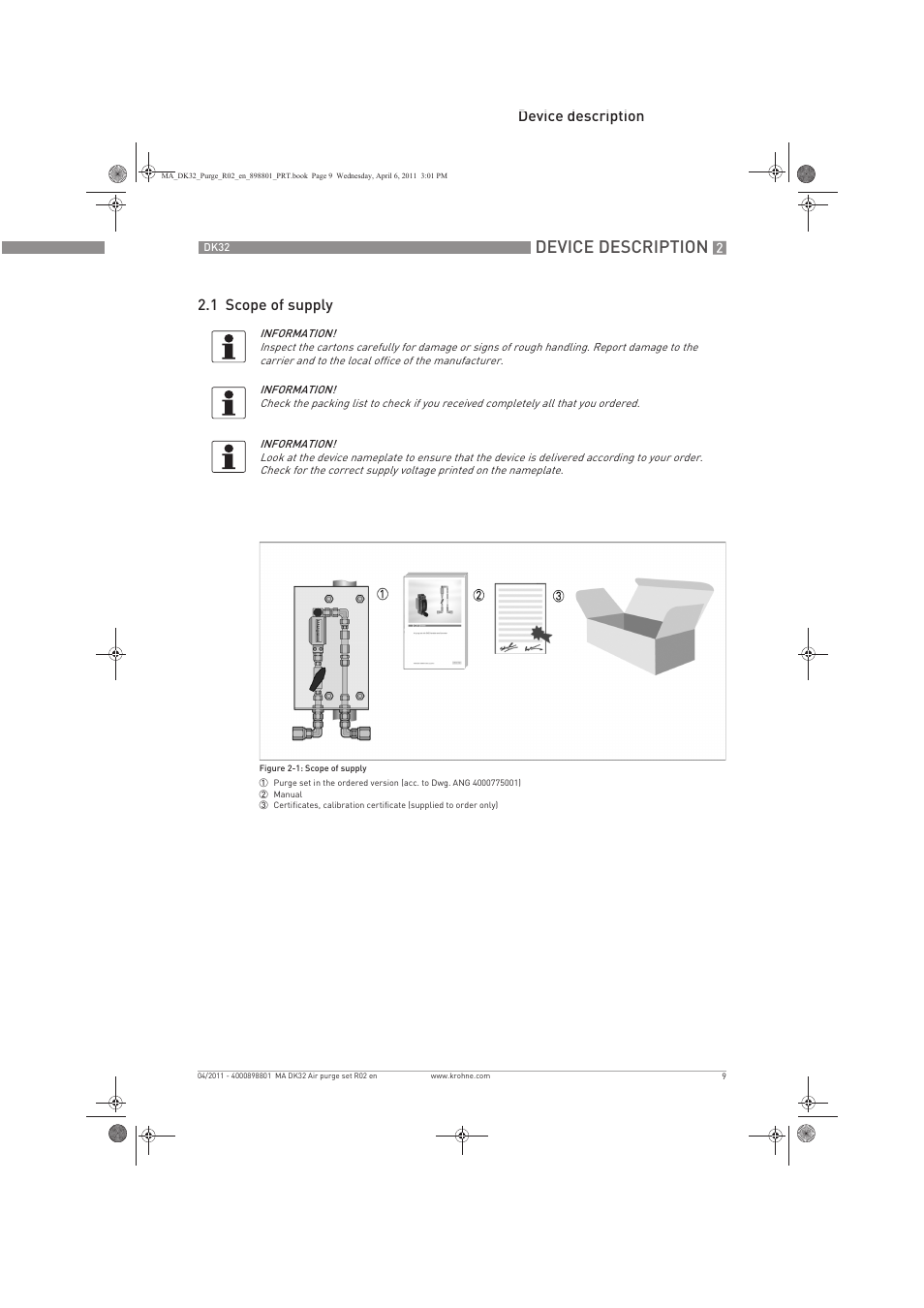 Device description, Device description 2.1 scope of supply | KROHNE DK 32 Purge EN User Manual | Page 9 / 32