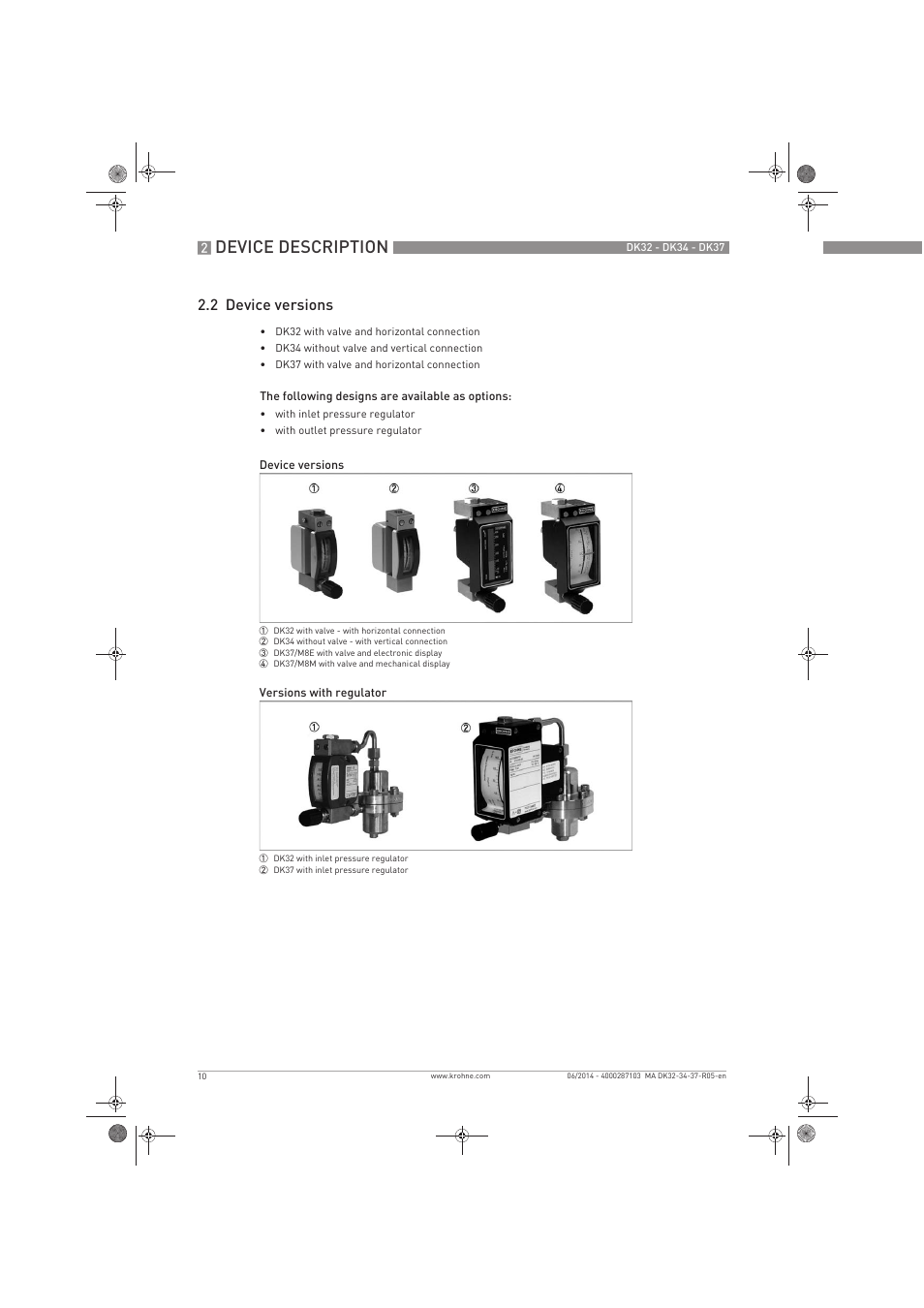 Device description, 2 device versions | KROHNE DK 32-DK 34-DK 37 EN User Manual | Page 10 / 40