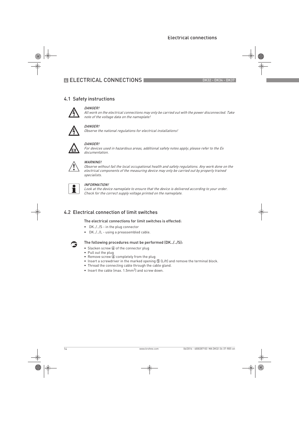 Electrical connections | KROHNE DK 32-DK 34-DK 37 EN User Manual | Page 14 / 40