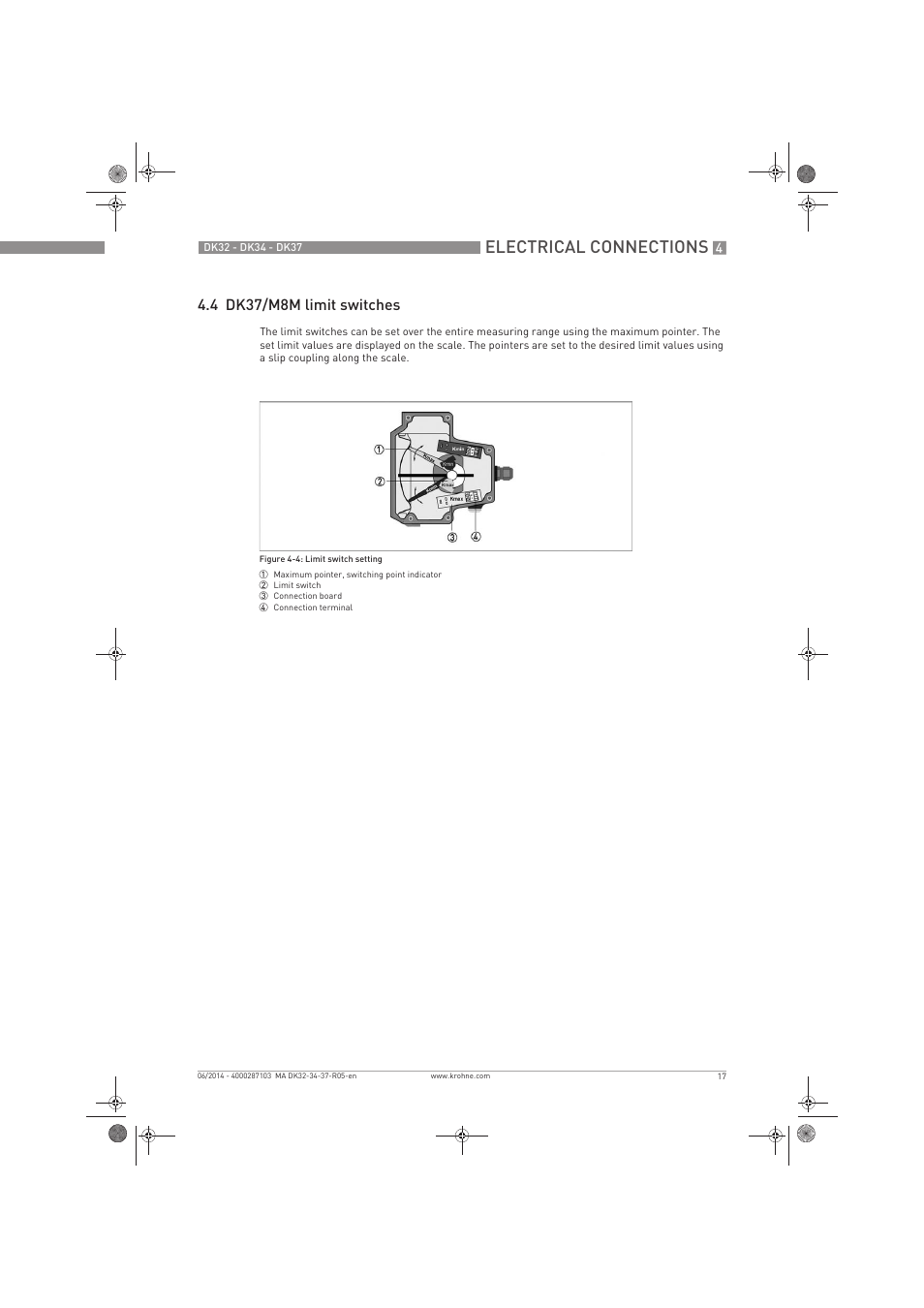 Electrical connections, 4 dk37/m8m limit switches | KROHNE DK 32-DK 34-DK 37 EN User Manual | Page 17 / 40