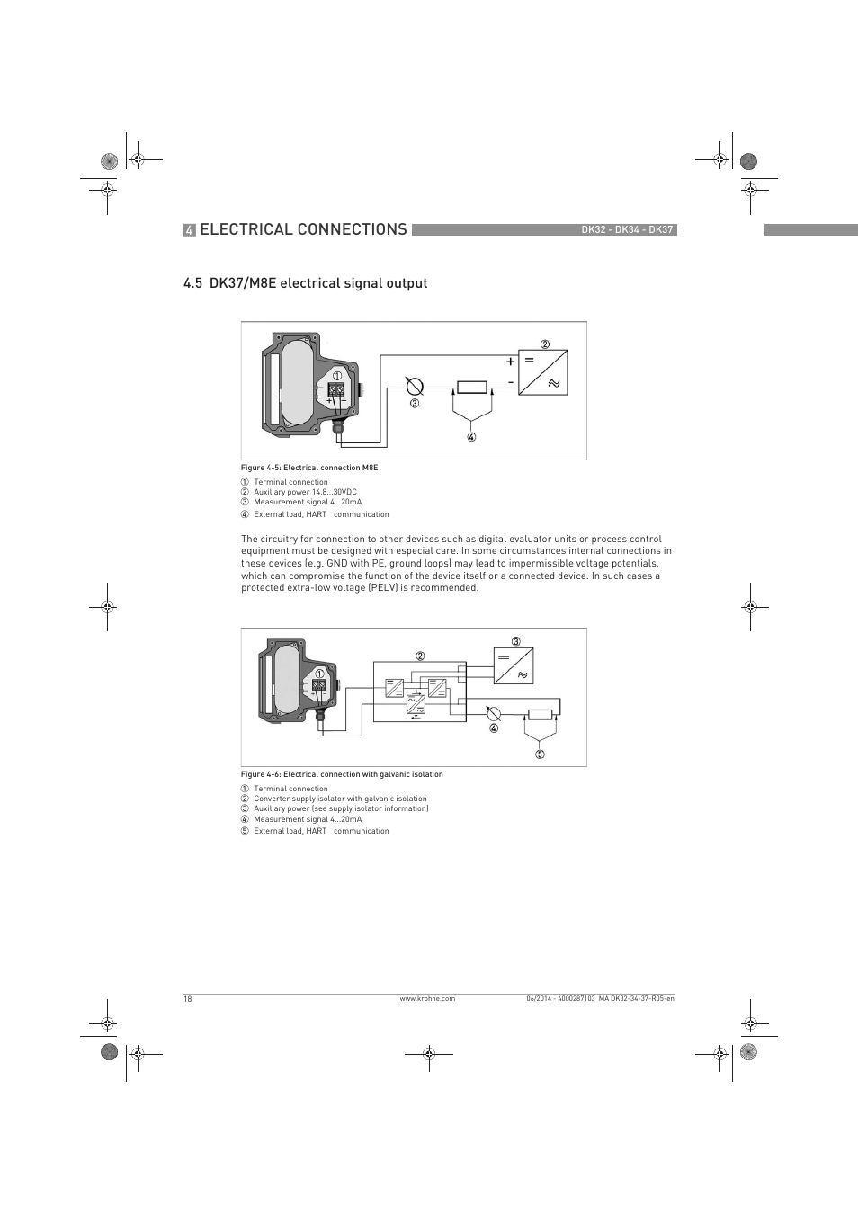 Electrical connections, 5 dk37/m8e electrical signal output | KROHNE DK 32-DK 34-DK 37 EN User Manual | Page 18 / 40