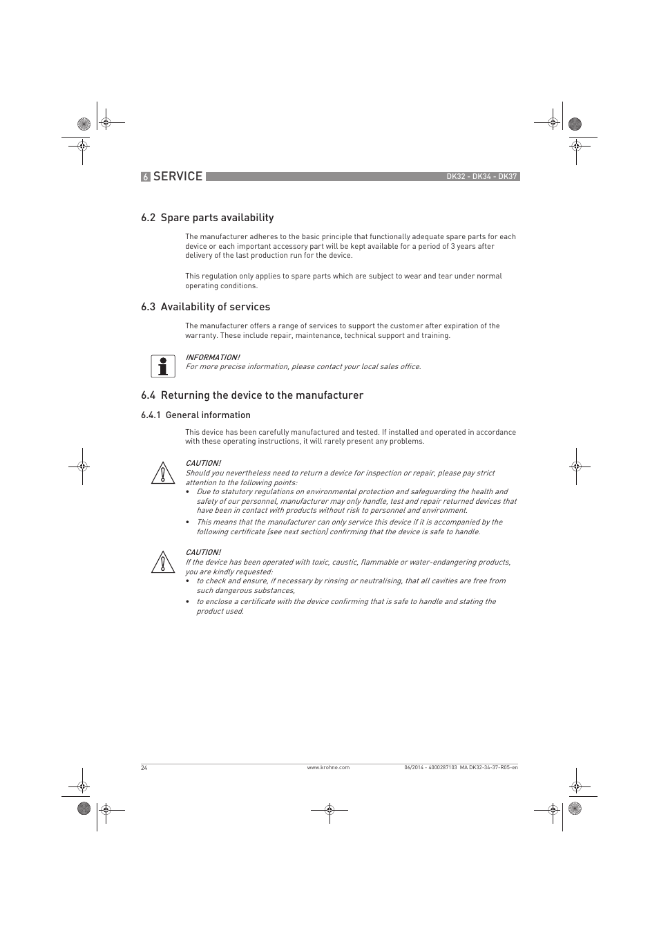 Service, 2 spare parts availability, 3 availability of services | 4 returning the device to the manufacturer | KROHNE DK 32-DK 34-DK 37 EN User Manual | Page 24 / 40