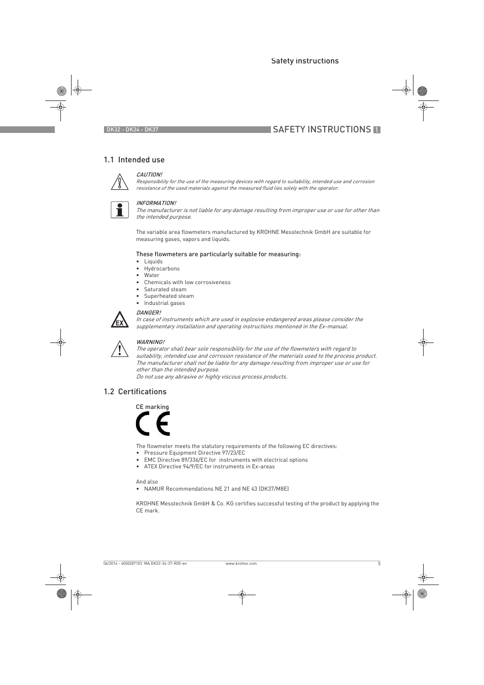 Safety instructions, Safety instructions 1.1 intended use, 2 certifications | KROHNE DK 32-DK 34-DK 37 EN User Manual | Page 5 / 40