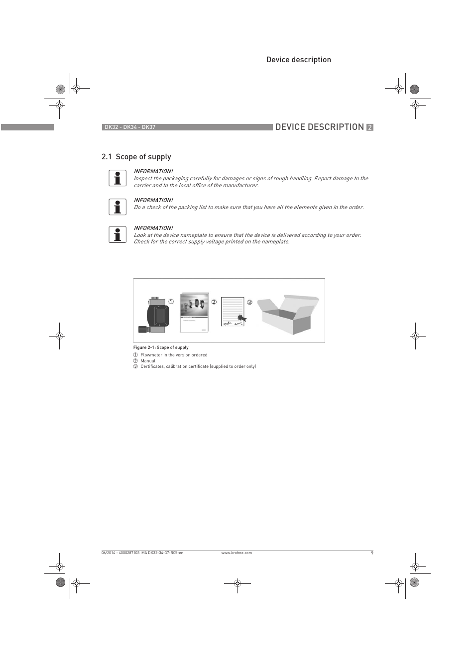 Device description, Device description 2.1 scope of supply | KROHNE DK 32-DK 34-DK 37 EN User Manual | Page 9 / 40