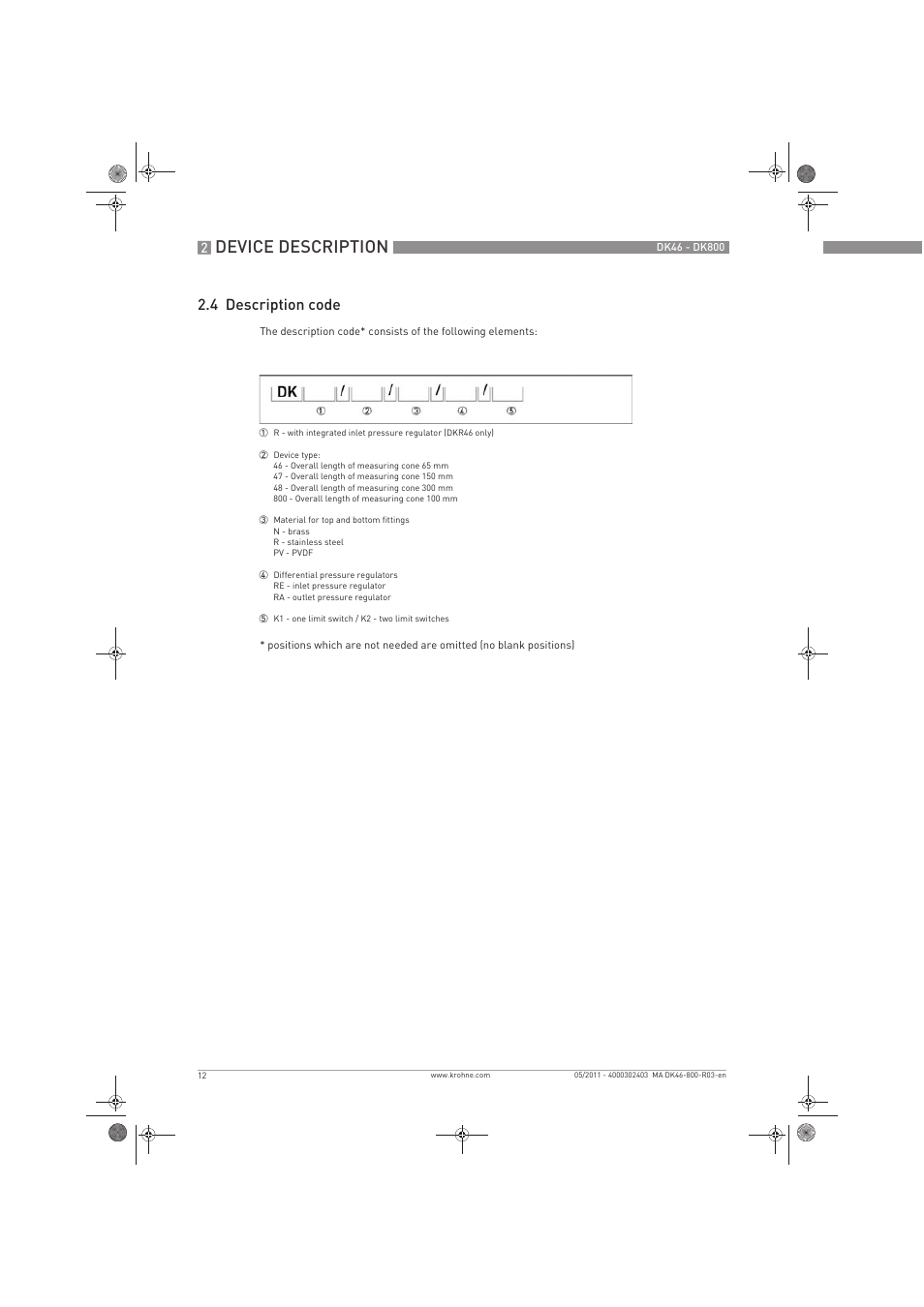 Device description, 4 description code | KROHNE DK 46-47-48-800 EN User Manual | Page 12 / 40