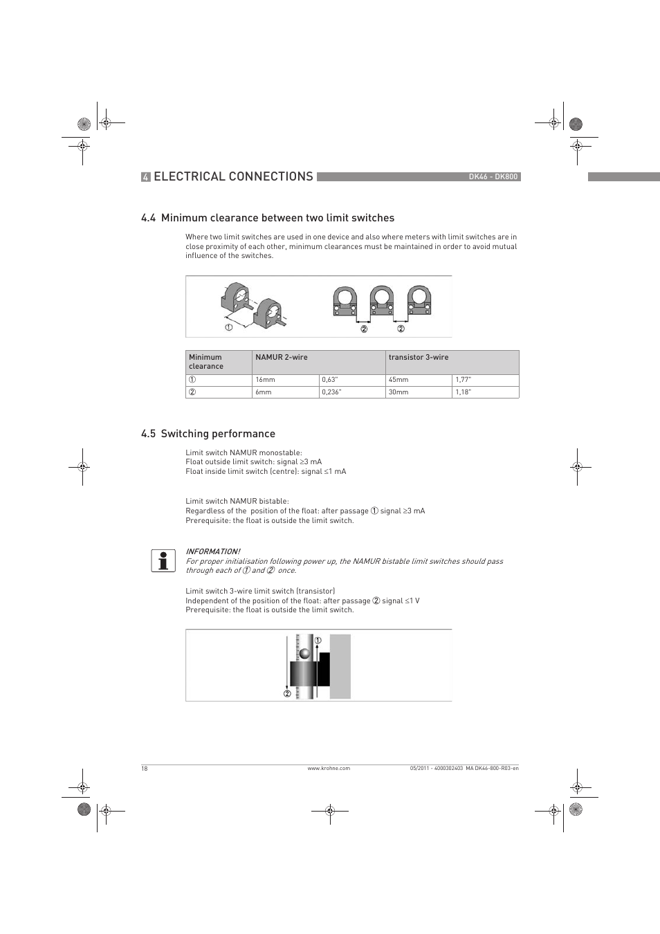 Electrical connections, 4 minimum clearance between two limit switches, 5 switching performance | KROHNE DK 46-47-48-800 EN User Manual | Page 18 / 40