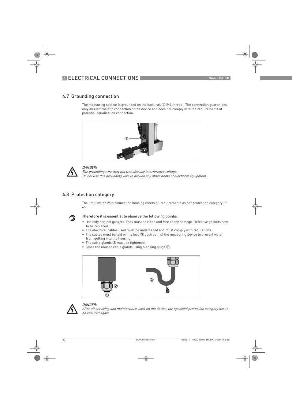 Electrical connections, 7 grounding connection, 8 protection category | KROHNE DK 46-47-48-800 EN User Manual | Page 20 / 40