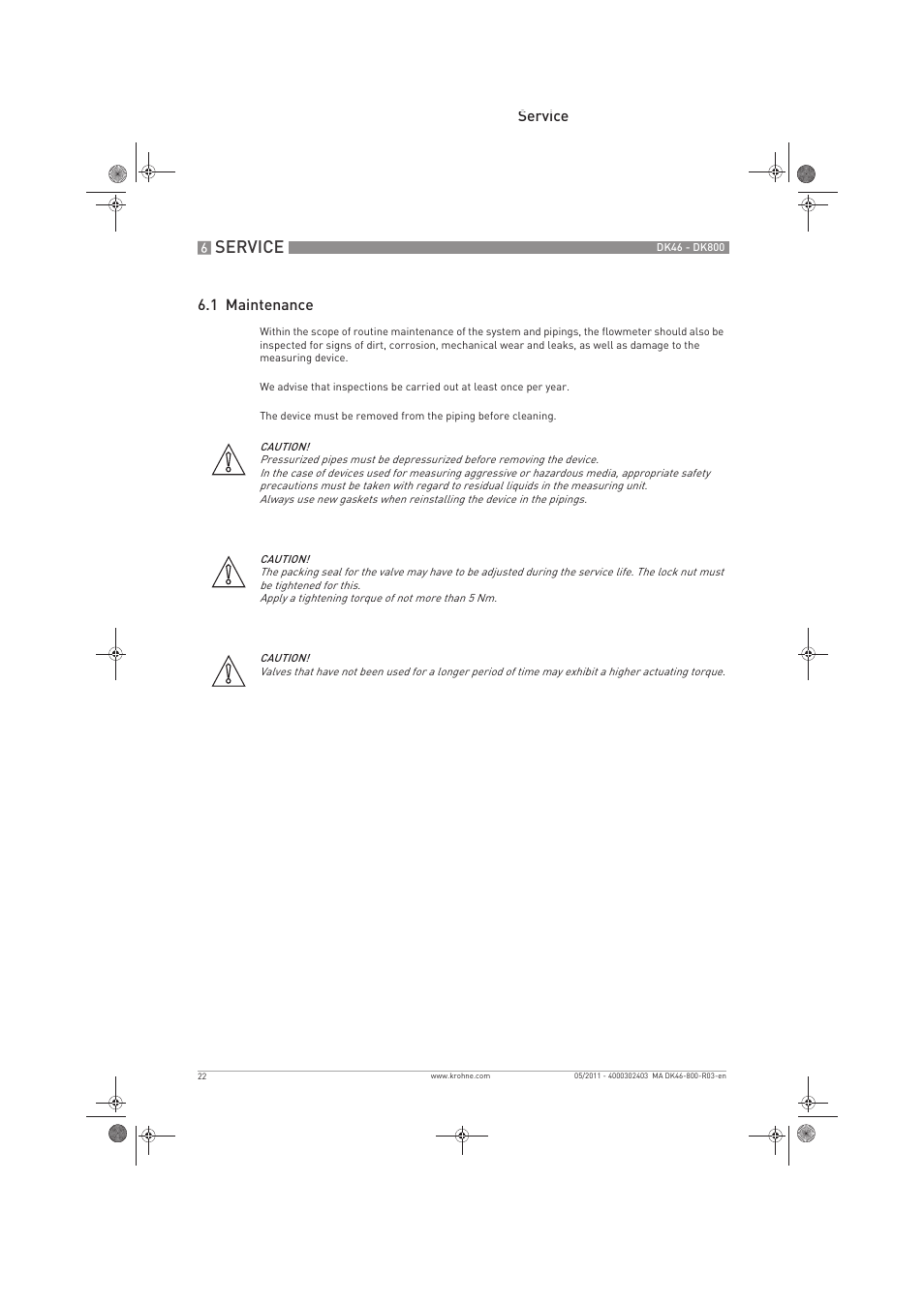 Service, Service 6.1 maintenance | KROHNE DK 46-47-48-800 EN User Manual | Page 22 / 40