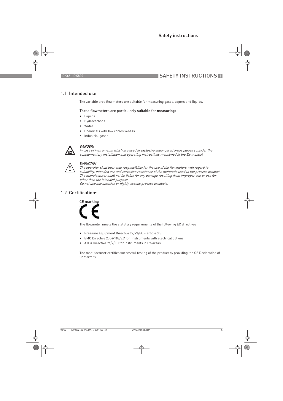 Safety instructions, Safety instructions 1.1 intended use, 2 certifications | KROHNE DK 46-47-48-800 EN User Manual | Page 5 / 40