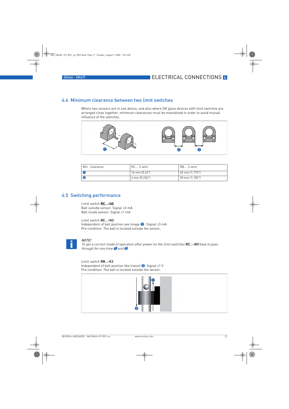 Electrical connections, 4 minimum clearance between two limit switches, 5 switching performance | KROHNE DK 46 I-DK 47 I EN User Manual | Page 17 / 36