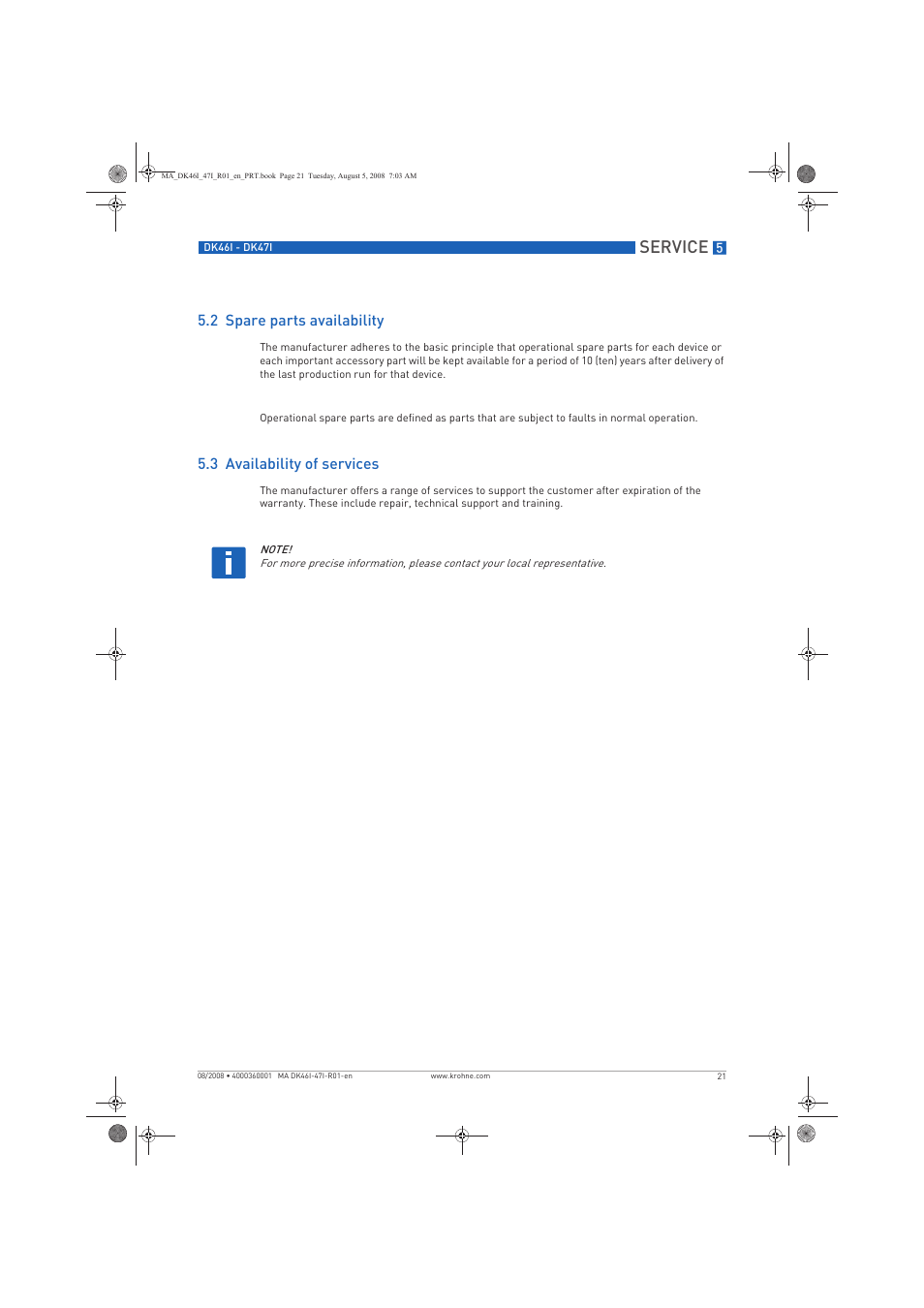 Service, 2 spare parts availability, 3 availability of services | KROHNE DK 46 I-DK 47 I EN User Manual | Page 21 / 36