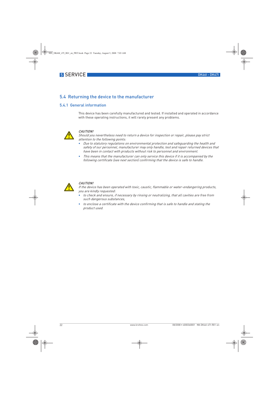 Service, 4 returning the device to the manufacturer | KROHNE DK 46 I-DK 47 I EN User Manual | Page 22 / 36