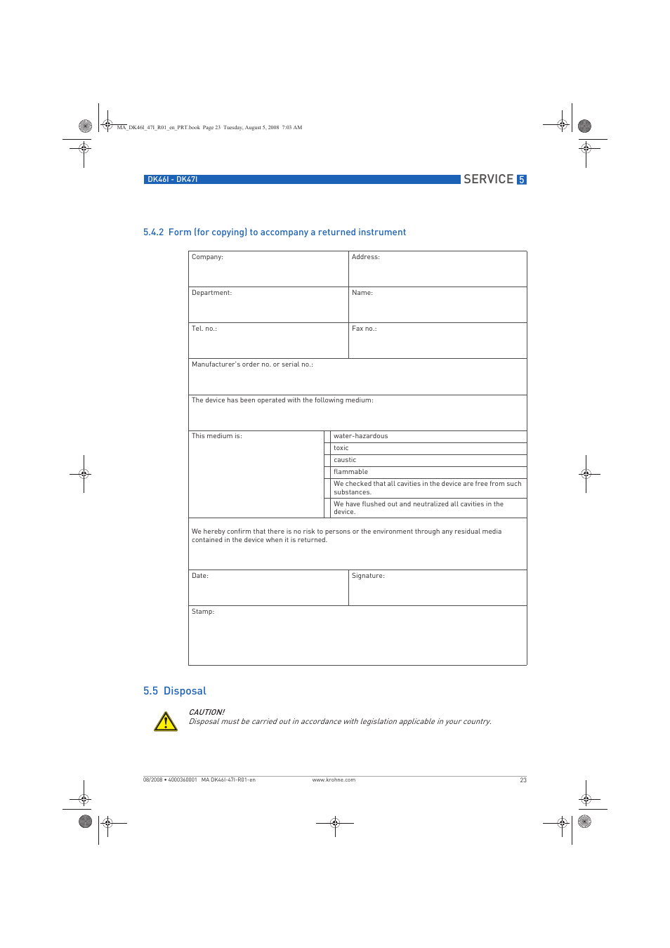 Service, 5 disposal | KROHNE DK 46 I-DK 47 I EN User Manual | Page 23 / 36