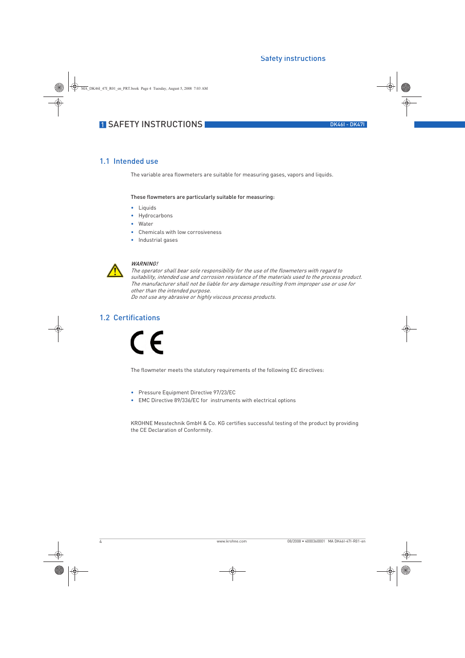 Safety instructions, Safety instructions 1.1 intended use, 2 certifications | KROHNE DK 46 I-DK 47 I EN User Manual | Page 4 / 36