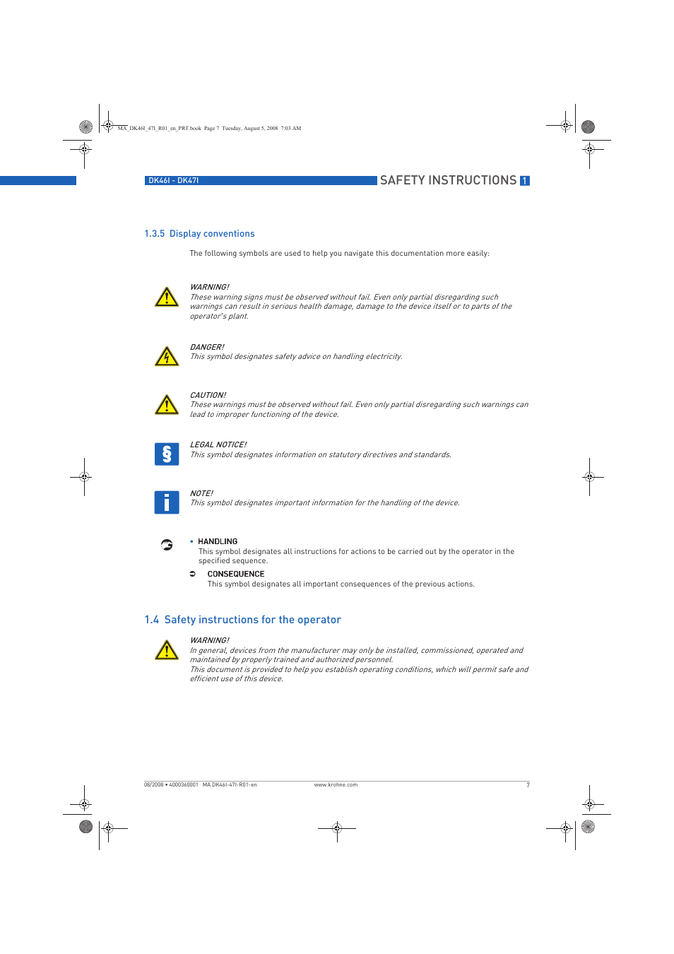 Safety instructions, 4 safety instructions for the operator | KROHNE DK 46 I-DK 47 I EN User Manual | Page 7 / 36