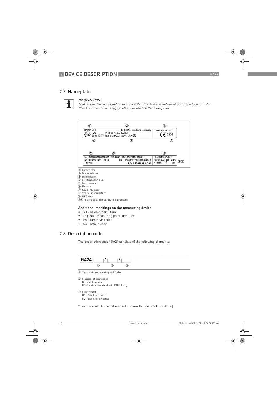 Device description, 2 nameplate, 3 description code | KROHNE GA 24 EN User Manual | Page 10 / 28