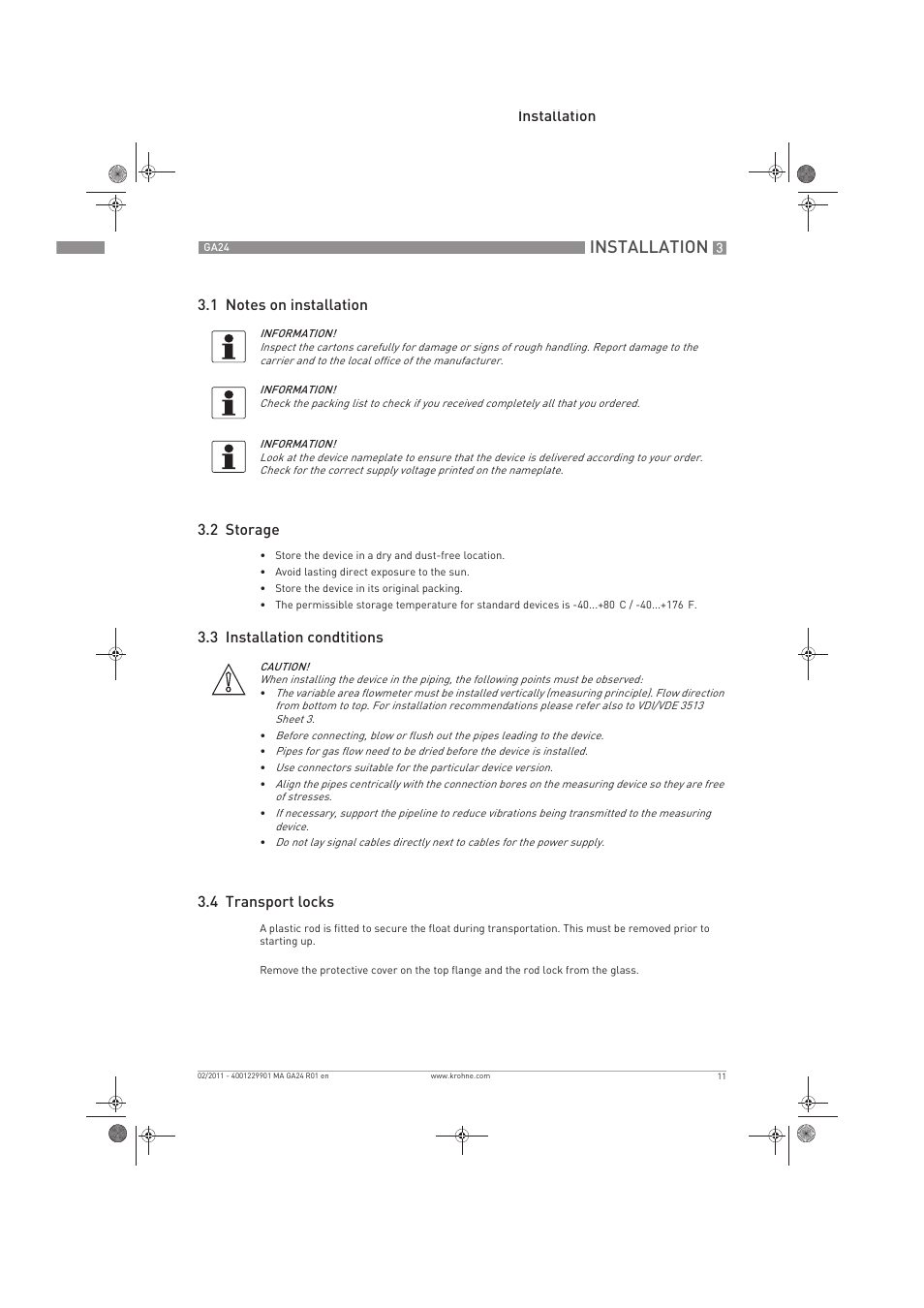 Installation, 3 installation condtitions 3.4 transport locks | KROHNE GA 24 EN User Manual | Page 11 / 28