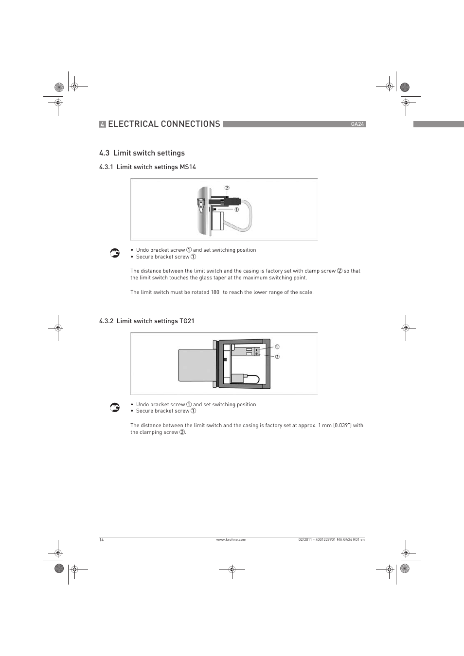 Electrical connections, 3 limit switch settings | KROHNE GA 24 EN User Manual | Page 14 / 28