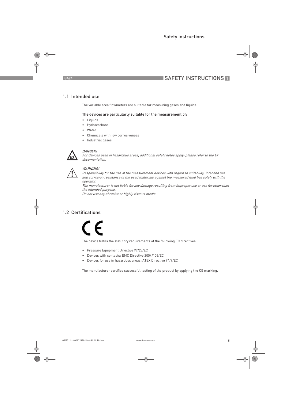Safety instructions, Safety instructions 1.1 intended use, 2 certifications | KROHNE GA 24 EN User Manual | Page 5 / 28