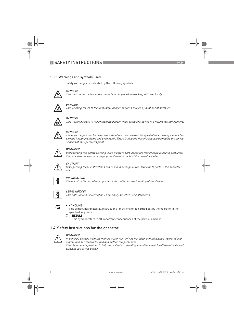 Safety instructions, 4 safety instructions for the operator | KROHNE GA 24 EN User Manual | Page 8 / 28