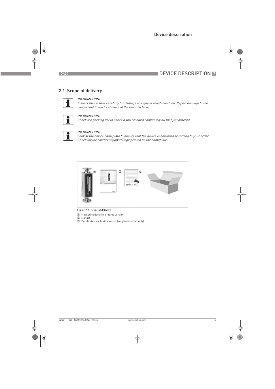Device description, Device description 2.1 scope of delivery | KROHNE GA 24 EN User Manual | Page 9 / 28
