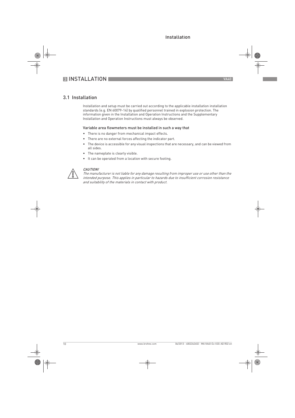 Installation, Installation 3.1 installation | KROHNE VA 40 ATEX II2G Ex i EN User Manual | Page 10 / 16