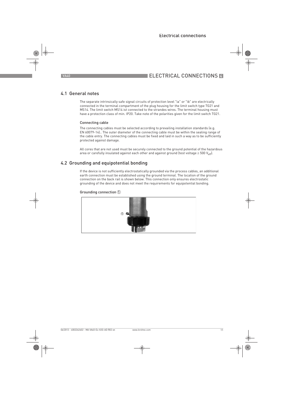 Electrical connections, 2 grounding and equipotential bonding | KROHNE VA 40 ATEX II2G Ex i EN User Manual | Page 11 / 16