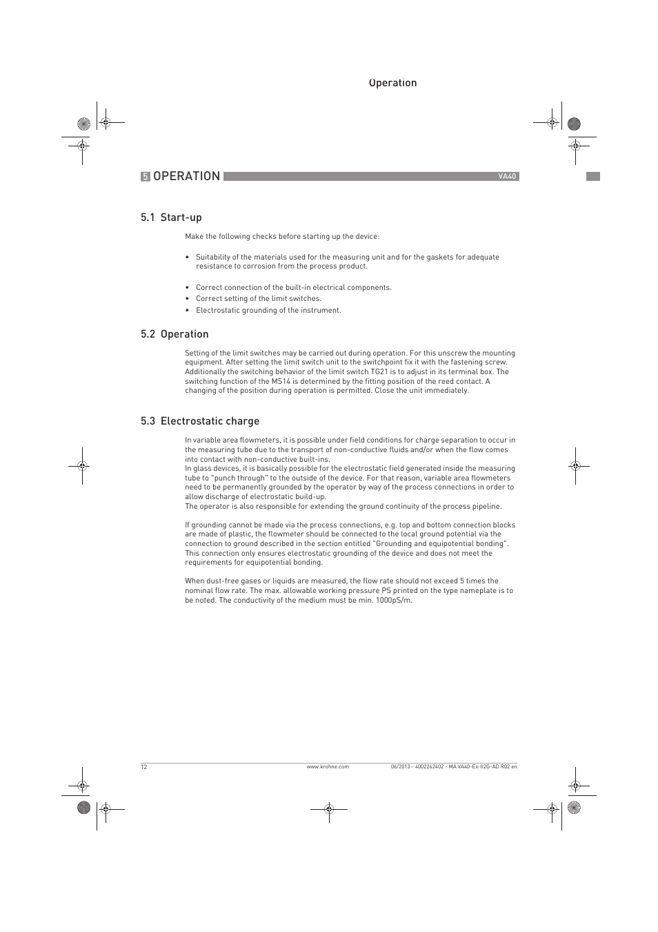 Operation | KROHNE VA 40 ATEX II2G Ex i EN User Manual | Page 12 / 16