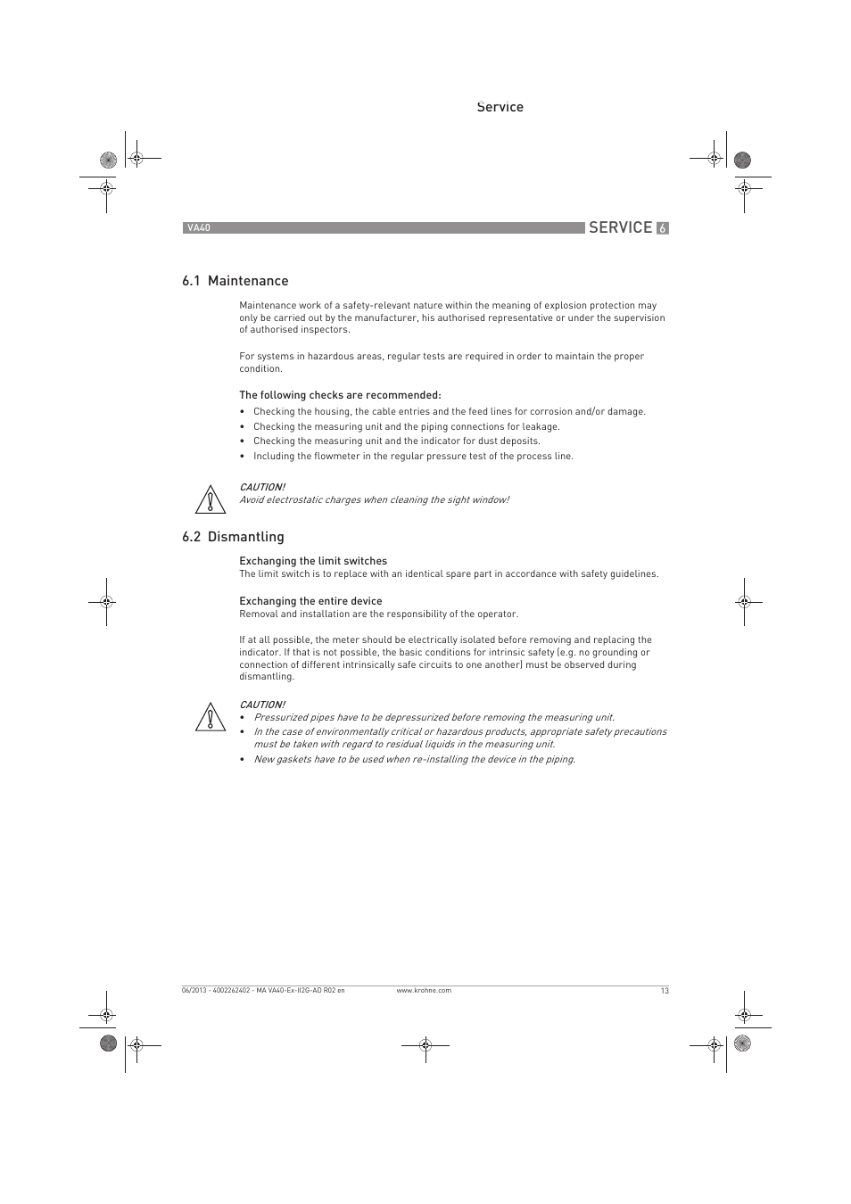 Service, Service 6.1 maintenance, 2 dismantling | KROHNE VA 40 ATEX II2G Ex i EN User Manual | Page 13 / 16