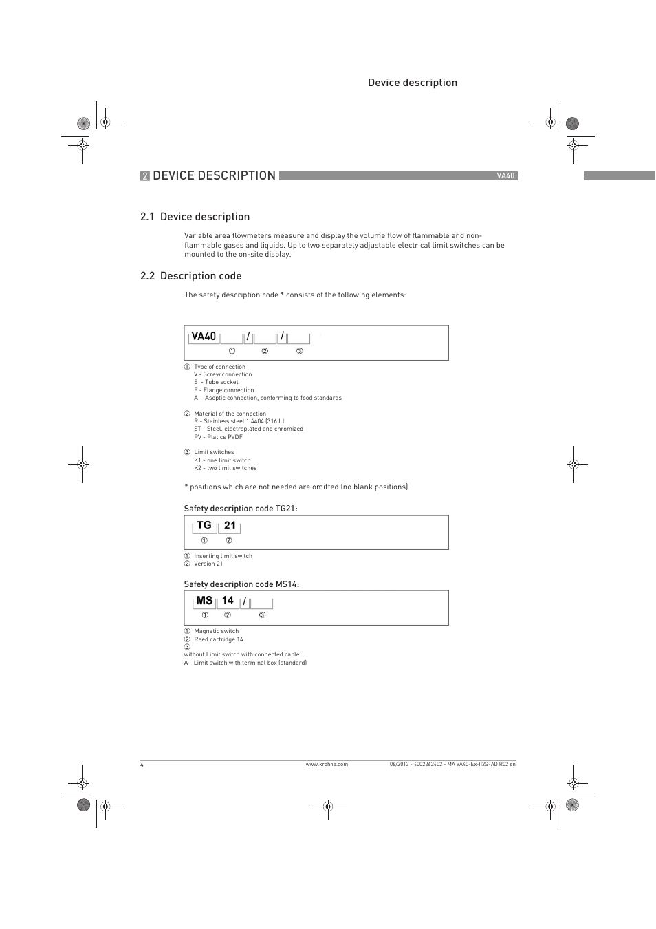 Device description, Device description 2.1 device description, 2 description code | KROHNE VA 40 ATEX II2G Ex i EN User Manual | Page 4 / 16
