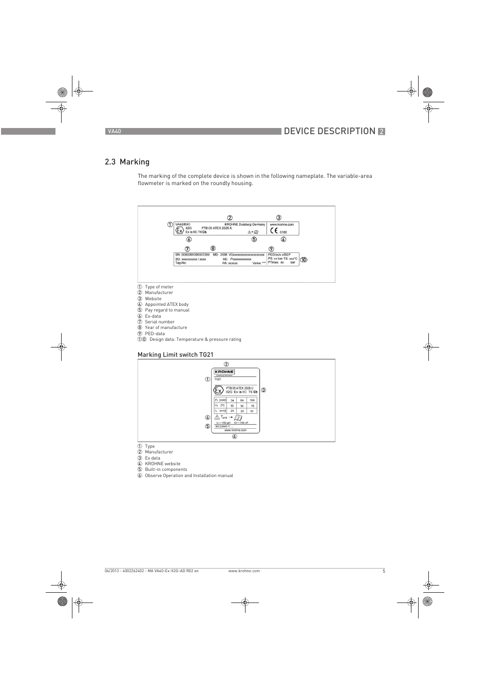Device description, 3 marking | KROHNE VA 40 ATEX II2G Ex i EN User Manual | Page 5 / 16