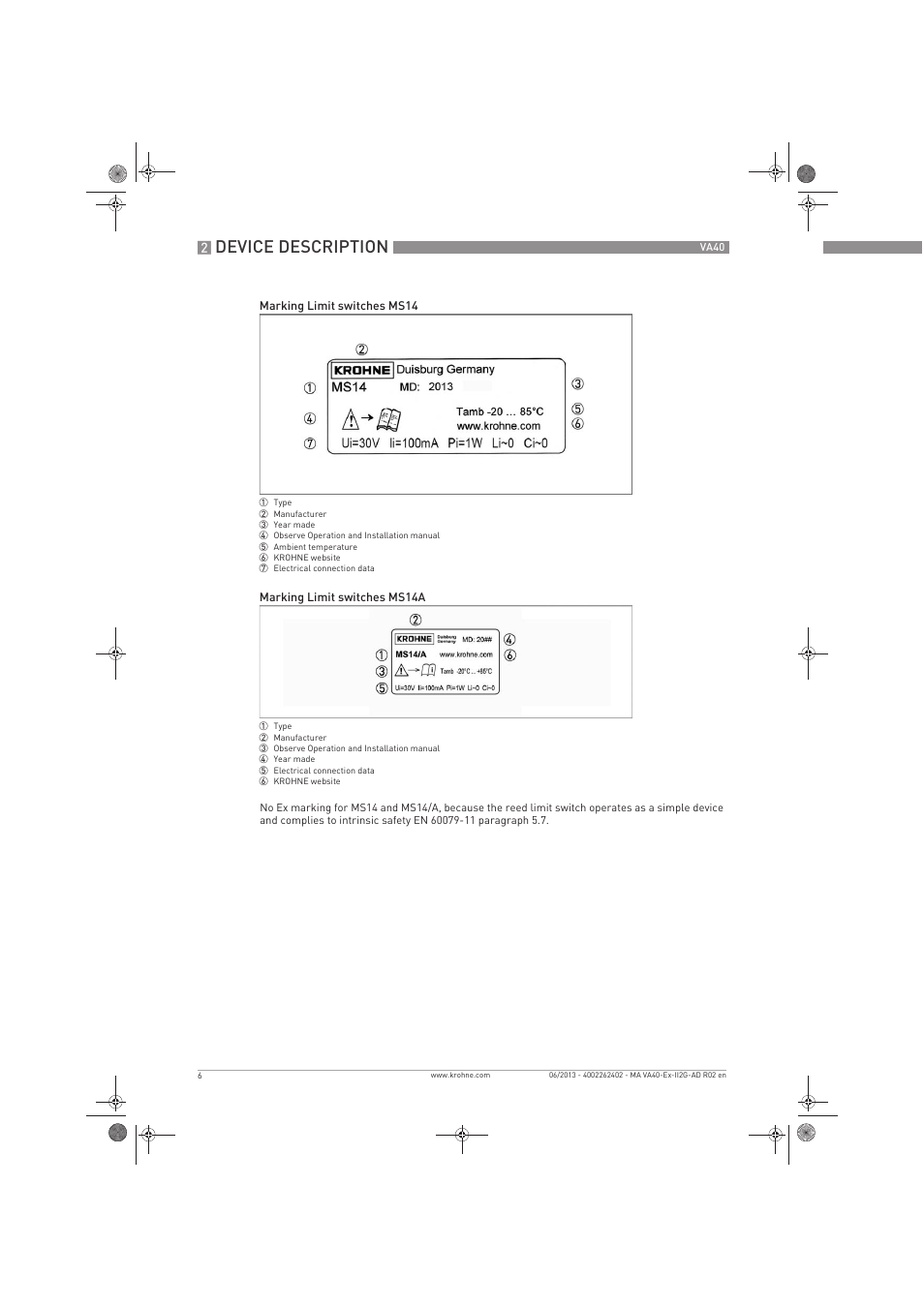 Device description | KROHNE VA 40 ATEX II2G Ex i EN User Manual | Page 6 / 16