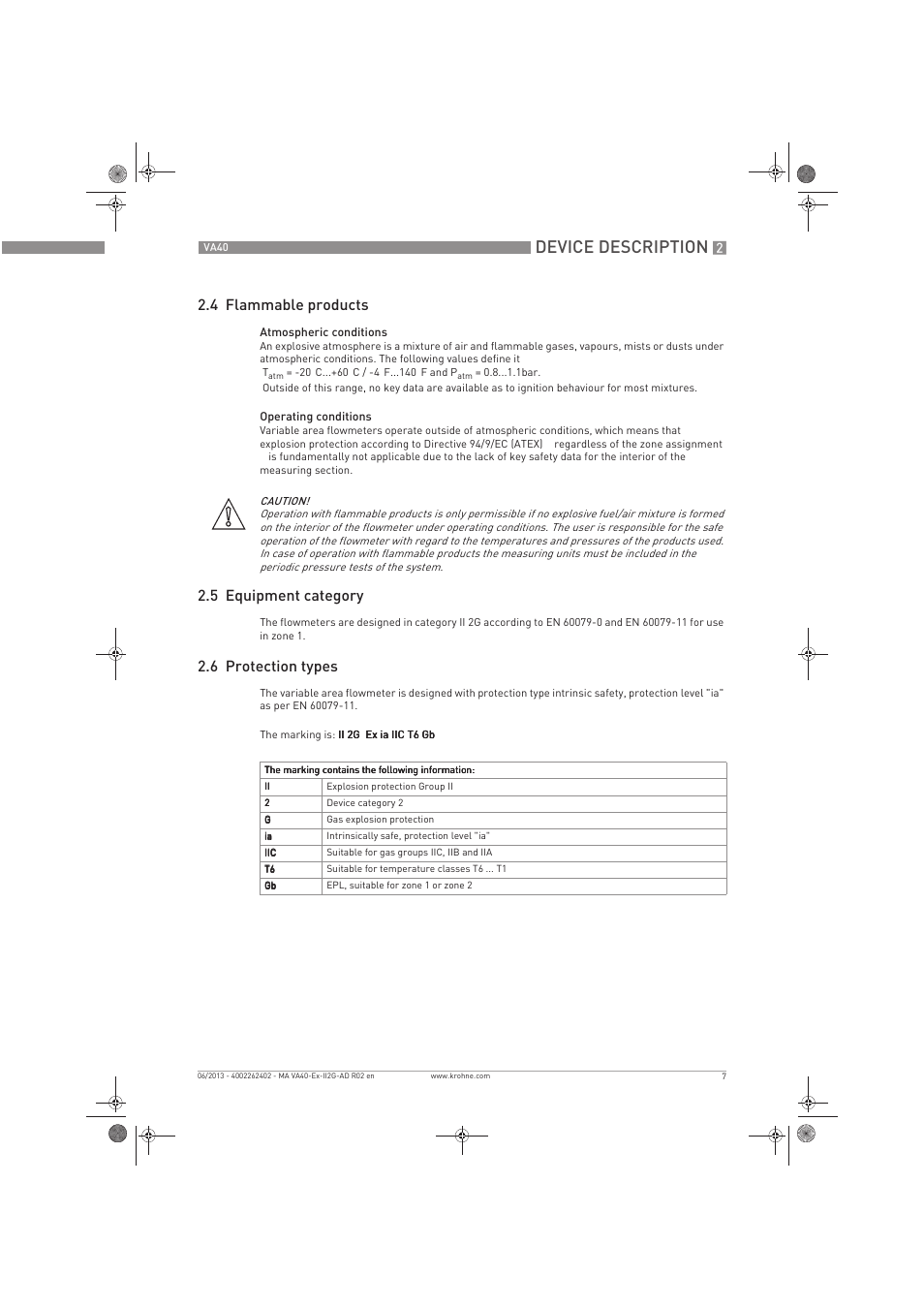 Device description, 4 flammable products, 5 equipment category | 6 protection types | KROHNE VA 40 ATEX II2G Ex i EN User Manual | Page 7 / 16