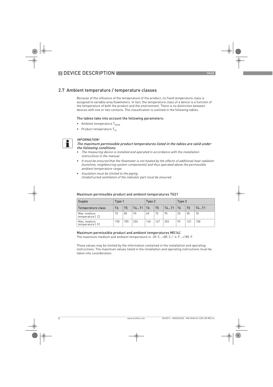 Device description, 7 ambient temperature / temperature classes | KROHNE VA 40 ATEX II2G Ex i EN User Manual | Page 8 / 16