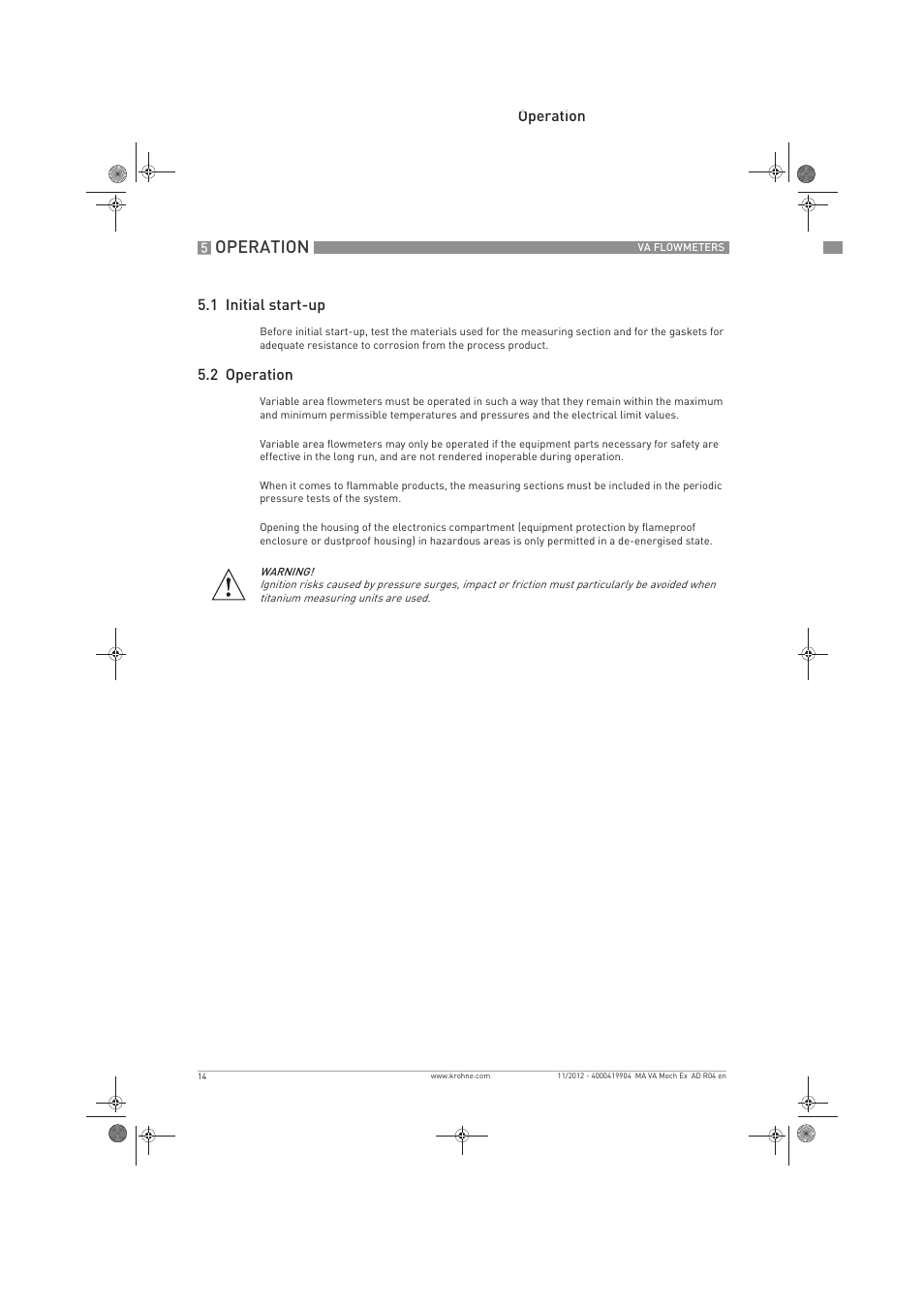 Operation, Operation 5.1 initial start-up, 2 operation | KROHNE VA FLOWMETERS EN User Manual | Page 14 / 20
