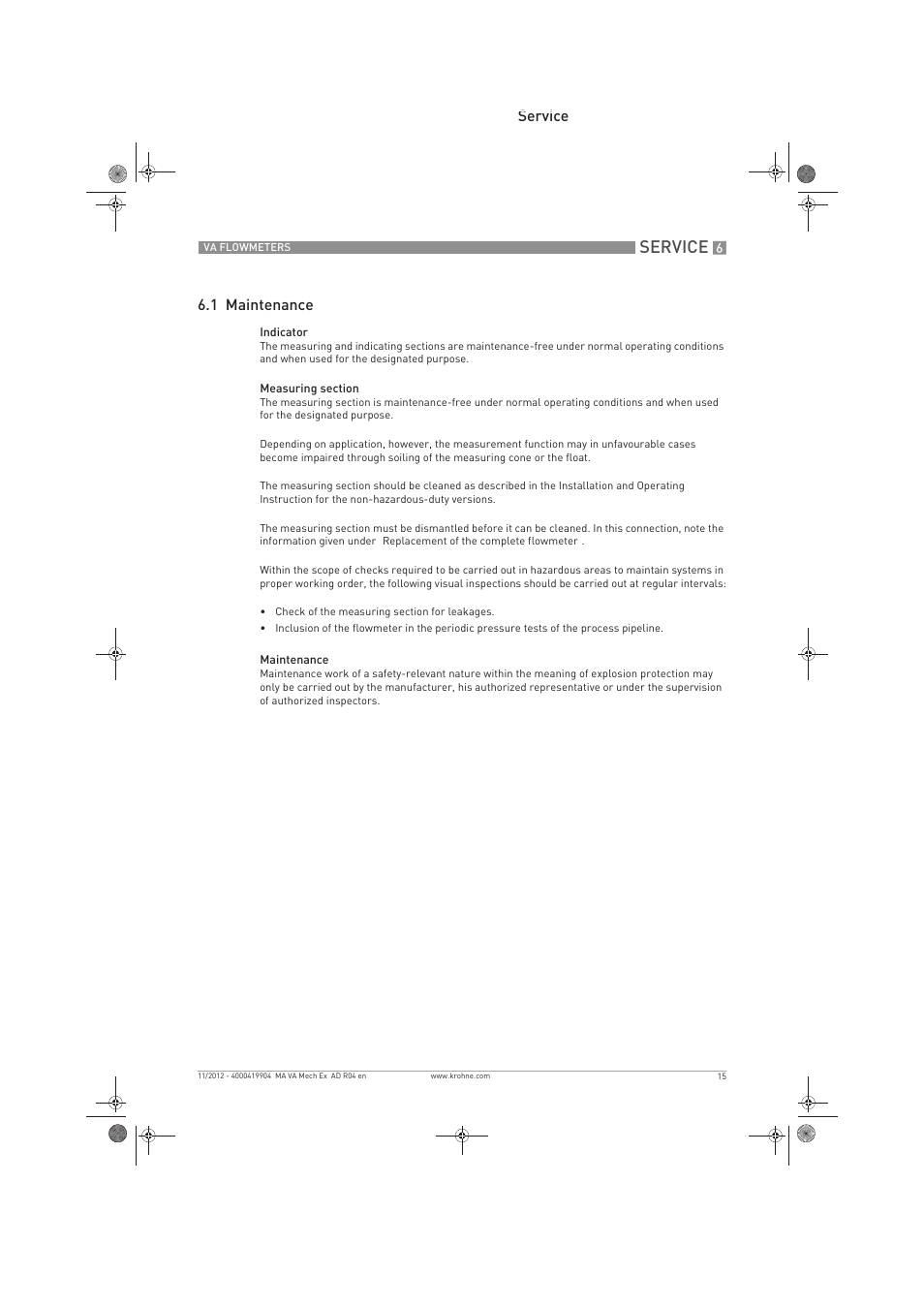 Service, Service 6.1 maintenance | KROHNE VA FLOWMETERS EN User Manual | Page 15 / 20